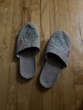 NATURAL Beige Slide Slippers with Green Embroidery